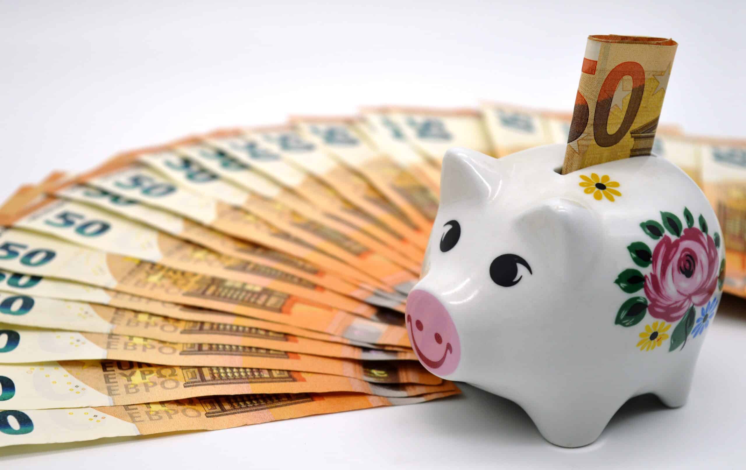 Decorative piggy bank with euro banknotes fanned behind it, symbolizing saving money.